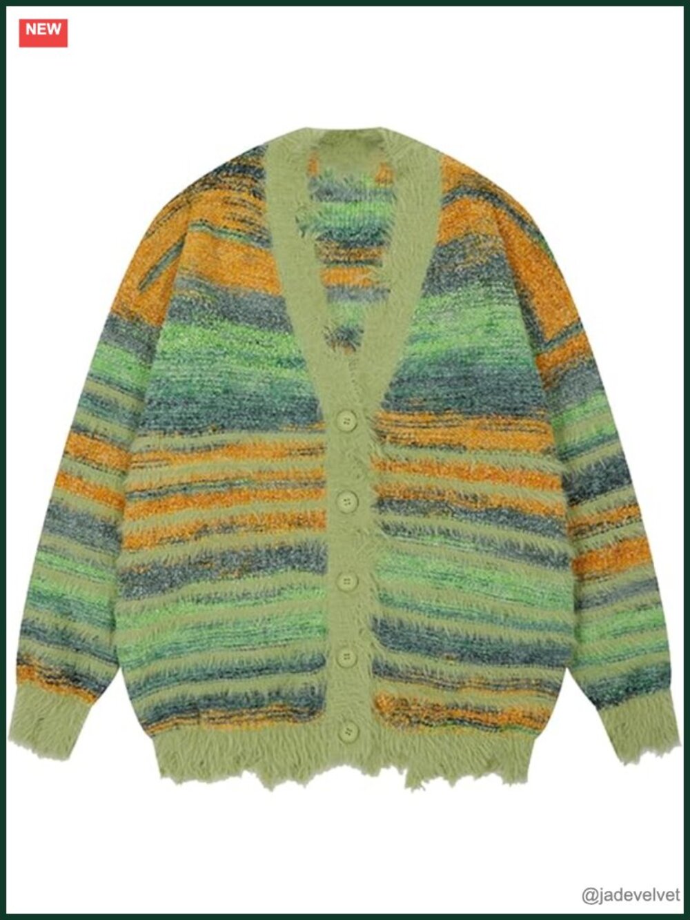 Oversized Fuzzy Striped Cardigan V-Neck Button Down Y2K Sweater - Picture 1 of 7